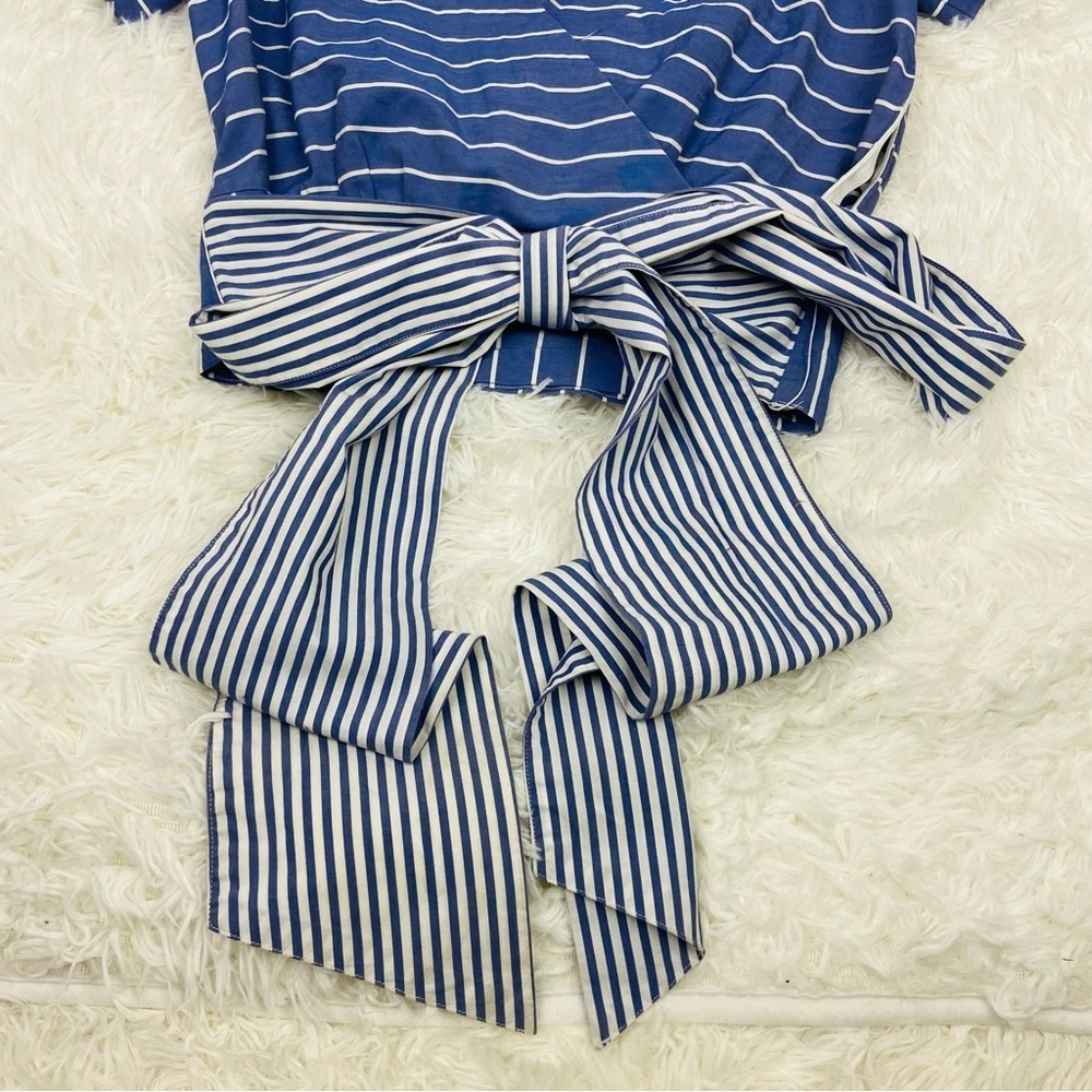 NEW YORK & COMPANY navy & white striped tie waist wrap puff sleeve blouse SZ S - Picture 11 of 14